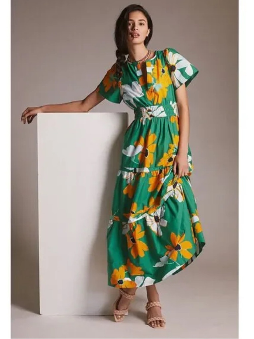 New Anthropologie Maeve Somerset Tiered Green Floral Spring Maxi Dress Midi S